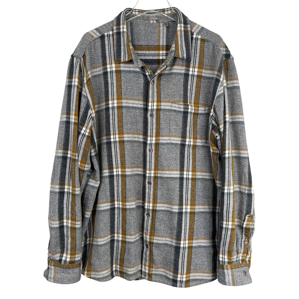 Horny Toad Earle Shirt Men XL Organic Cotton Grey Mustard Plaid Button Down